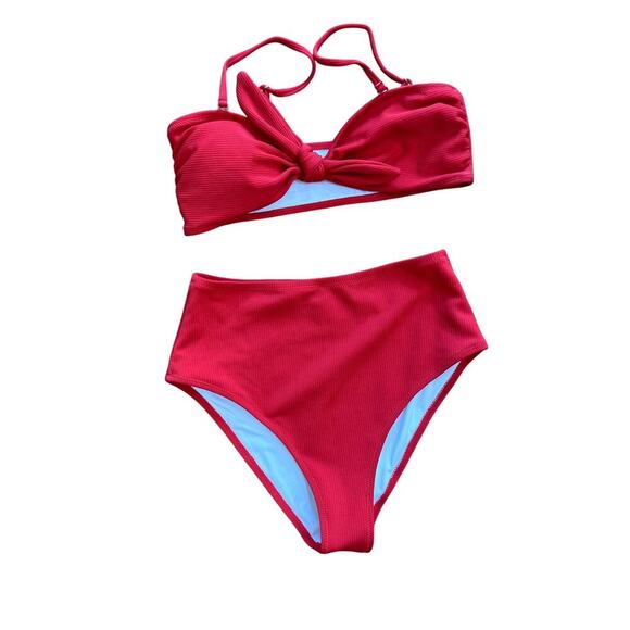 Red High Waisted Bikini Swim Tie Front Women's Size Medium - Picture 1 of 4
